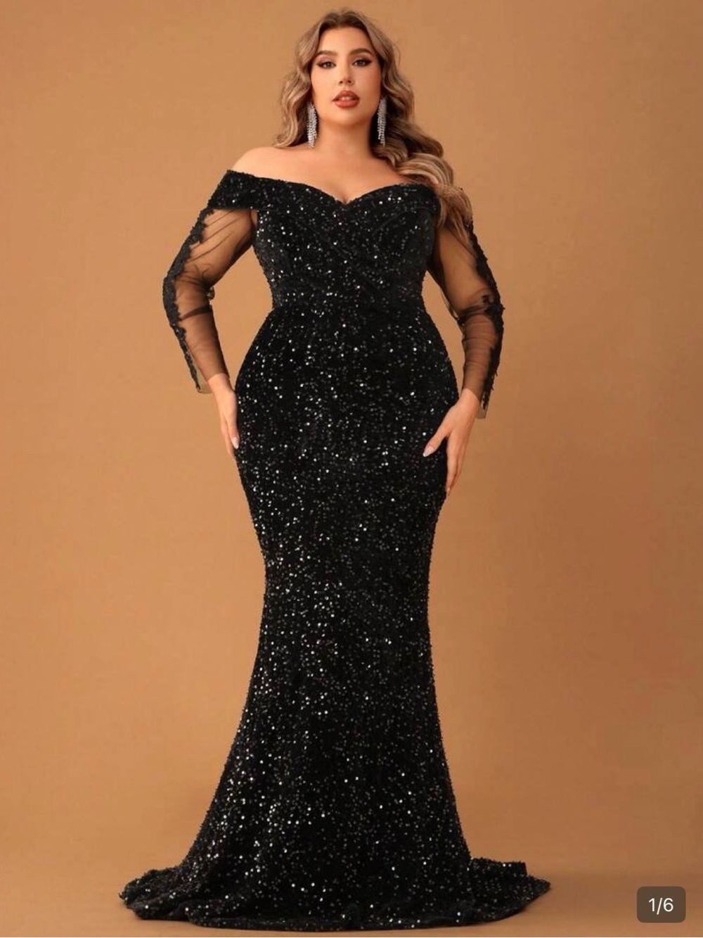 Plus Size Black Sequin Off-Shoulder Long Sleeve Mermaid Dress *NWT*